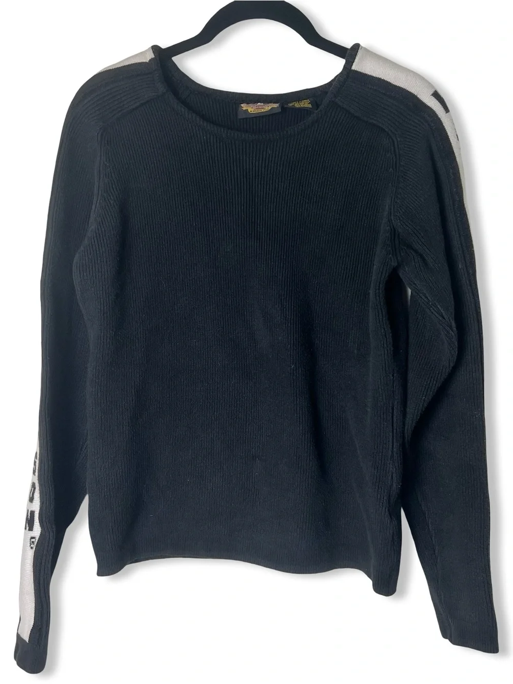 Vintage Harley Davidson Womens Black Ribbed Sweater Grey Sleeve Stripe Sz XSmall